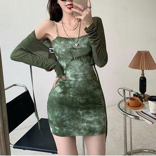 Spaghetti Strap Tie-dyed Ribbed Bodycon Dress / Cardigan
