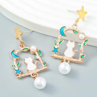 Cat Faux Pearl Drop Earring White Cat - Gold - One Size
