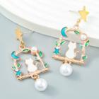 Cat Faux Pearl Drop Earring White Cat - Gold - One Size