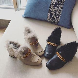 Chunky Heel Fleece Trim Chain Shoes