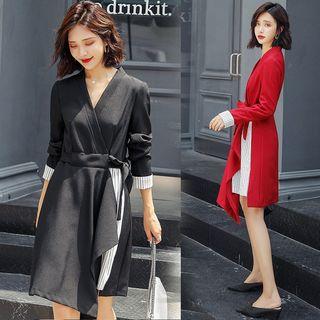 Mock Two Piece Striped Panel Wrapped Dress