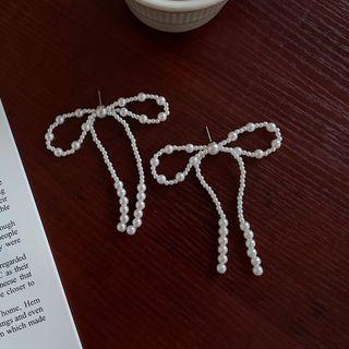 Beaded Bow Drop Earring 1756a# - 1 Pair - White - One Size
