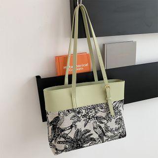 Embroidered Panel Faux Leather Tote Bag