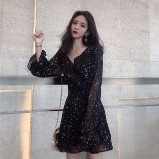 Long-sleeve Star Print Chiffon Mini A-line Dress