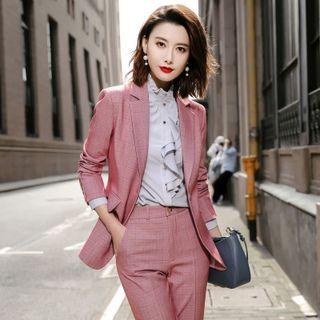 Ruffled Blouse / Plaid Blazer / Straight Leg Pants / Set