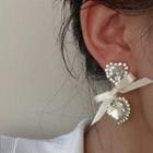 Ribbon Heart Rhinestone Dangle Earring 1 Pair - Silver Stud - White - One Size