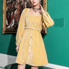 Plain Square-neck Single-breasted Long-sleeve Dress