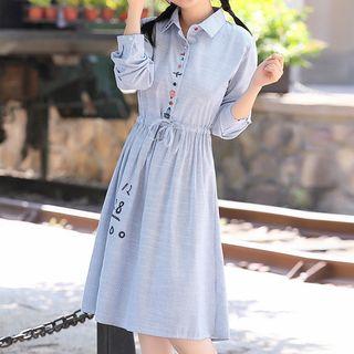 Long-sleeve A-line Collared Dress Blue - One Size