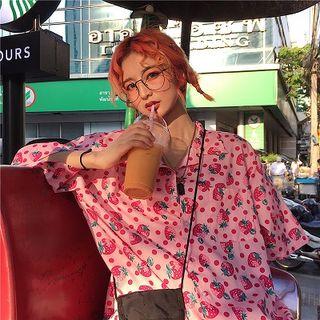 Couple Matching Elbow-sleeve Strawberry Print Shirt As Shown In Figure - One Size
