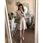 Puff-shoulder Buttoned Midi Flare Dress