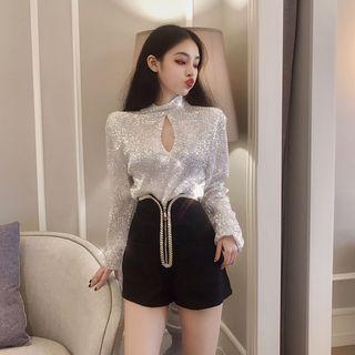 Cutout Sequined Long-sleeve Top / High Waist Shorts