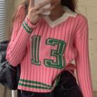 Collared Number Pattern Sweater Pink - One Size