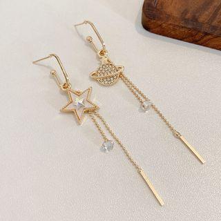 Planet & Star Rhinestone Asymmetrical Fringed Earring A302 - 1 Pair - Gold - One Size