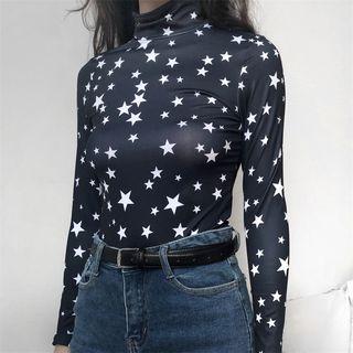 Mock Neck Star Print T-shirt