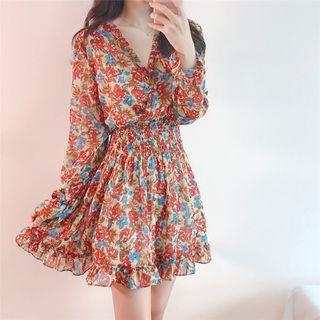 Floral Print Long-sleeve Wrap Mini Chiffon Dress