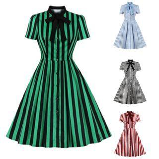 Short-sleeve Ribbon Striped A-line Dress