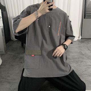 Flap-pocket Lettering Elbow-sleeve T-shirt