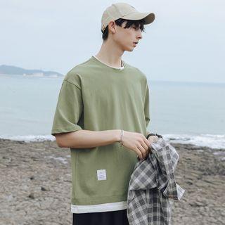 Mock-two-piece Elbow-sleeve Plain T-shirt