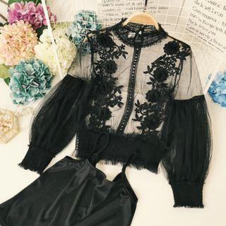 Set: Flower Embroidered Blouse + Camisole Top