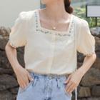 Puff-sleeve Square-neck Flower Embroidered Shirt