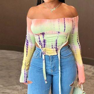 Long-sleeve Off Shoulder Tie Dye T-shirt