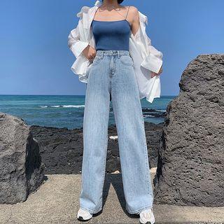 Spaghetti Strap Top / Wide-leg Jeans / Long-sleeve Shirt