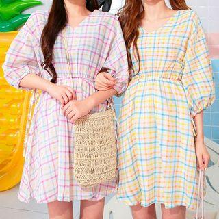 V-neck Tie-sleeve Plaid Dress