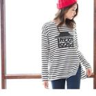 Slit-side Lettering Print Striped Top