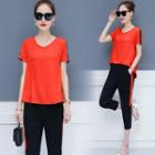 Set: Two-tone Short-sleeve Top + Cropped Pants