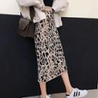 Leopard Print Midi Knit H-line Skirt As Shown In Figure - One Size
