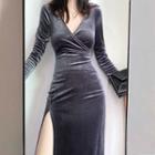 V-neck Long-sleeve Velvet Midi Sheath Dress