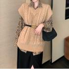 Long-sleeve Leopard Print Shirt / Knit Vest / Slit A-line Skirt