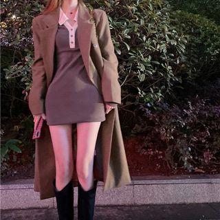 Long-sleeve Polo Collar Knit Mini Dress / Long-sleeve Plain Long Coat