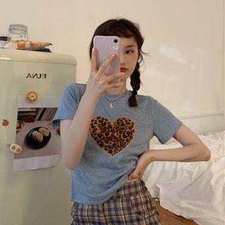 Short-sleeve Leopard Print Heart T-shirt Blue - One Size