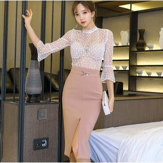 Set: 3/4-sleeve Lace Top + Midi Pencil Skirt