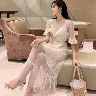 Set: Short-sleeve Sheer Midi Dress + Plaid Strappy A-line Dress