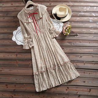 Elbow-sleeve Pleated A-line Midi Dress