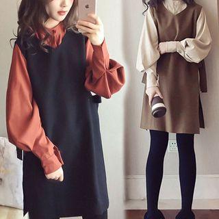 Set: Lantern-sleeve Blouse + Mini Pinafore Dress