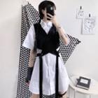 Short-sleeve Long Shirt / Buttoned Cropped Vest