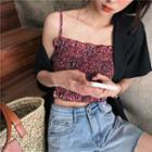 Spaghetti Strap Floral Print Shirred Top / Short-sleeve Single Breasted Blazer