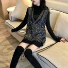 Set: Mock Neck Long-sleeve Top + Glitter Knit Pinafore Dress