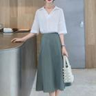 Elbow-sleeve Open Placket Blouse / Pinstriped A-line Midi Skirt