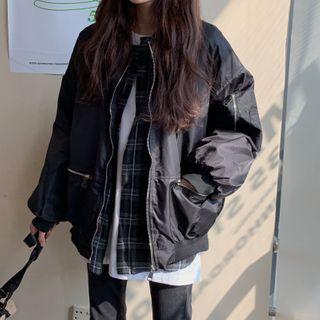 Mock Two-piece Zip-up Bomber Jacket Black - One Size