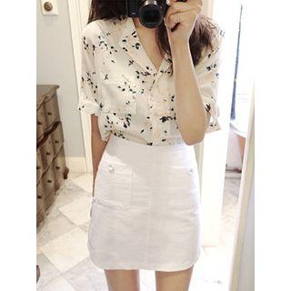 Notched-lapel Floral Print Blouse
