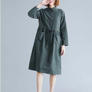 Drawstring Waist Front Pocket Midi Shirtdress
