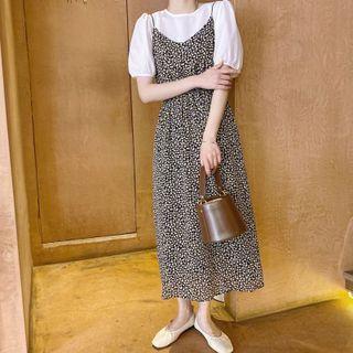 Set: Short Sleeve Plain Blouse + Spaghetti Strap Floral Printed Dress