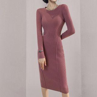 Long-sleeve Ribbed Knit Midi Sheath Dress Light Pink - One Size