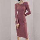Long-sleeve Ribbed Knit Midi Sheath Dress Light Pink - One Size