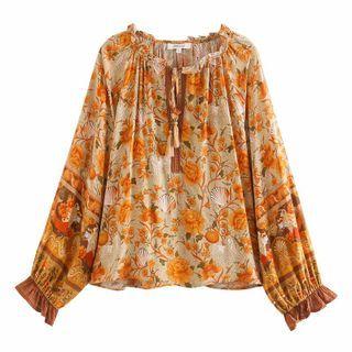 Floral Ruffle-trim Long-sleeve Top