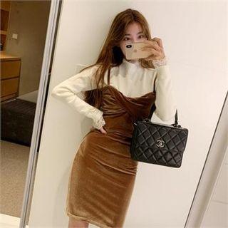 Twist-front Shirred Velvet Pinafore Dress Brown - One Size